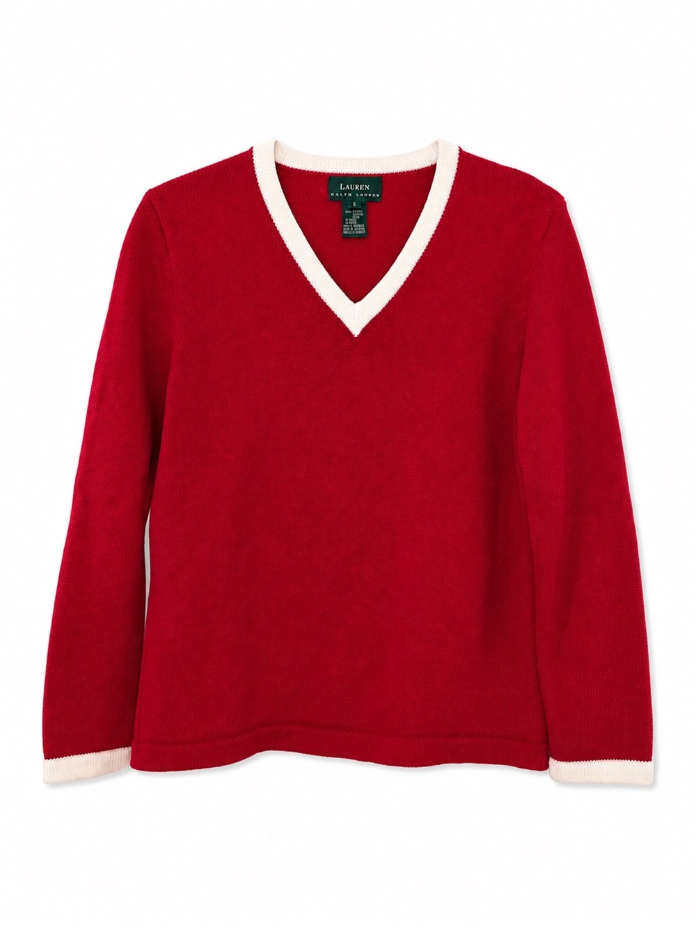 Vintage Lauren Ralph Lauren Red V-Neck Sweater with White Trim Oversized Small